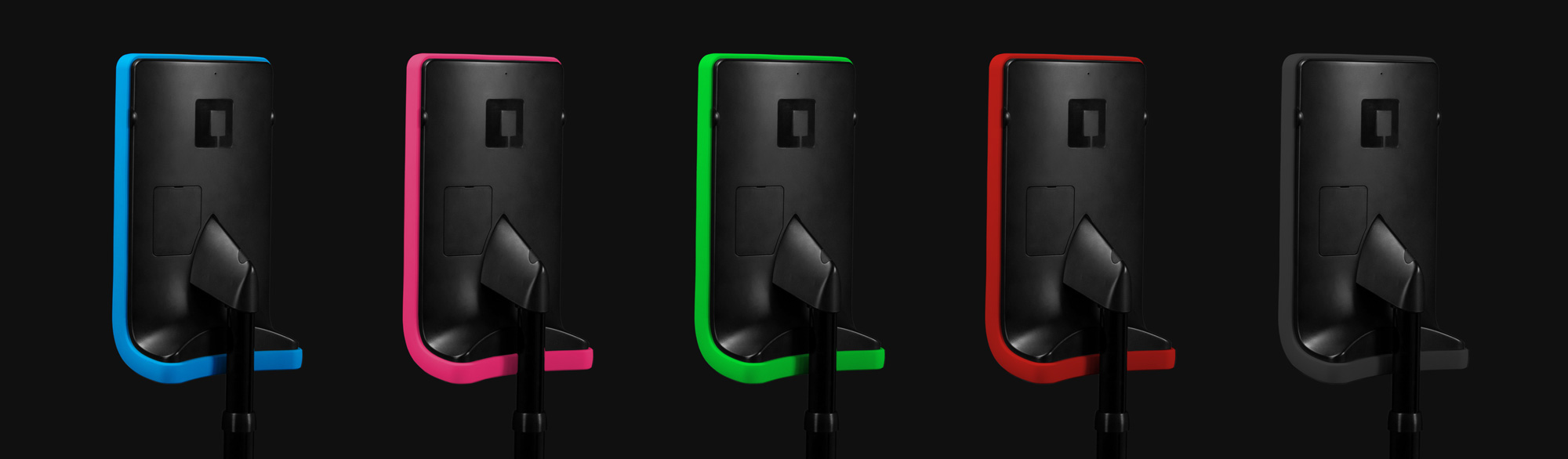 Blue, pink, green, red, and black colored robot heads