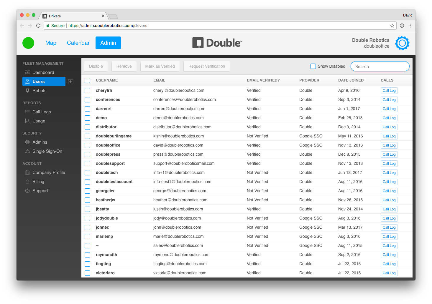 Screenshot of users list